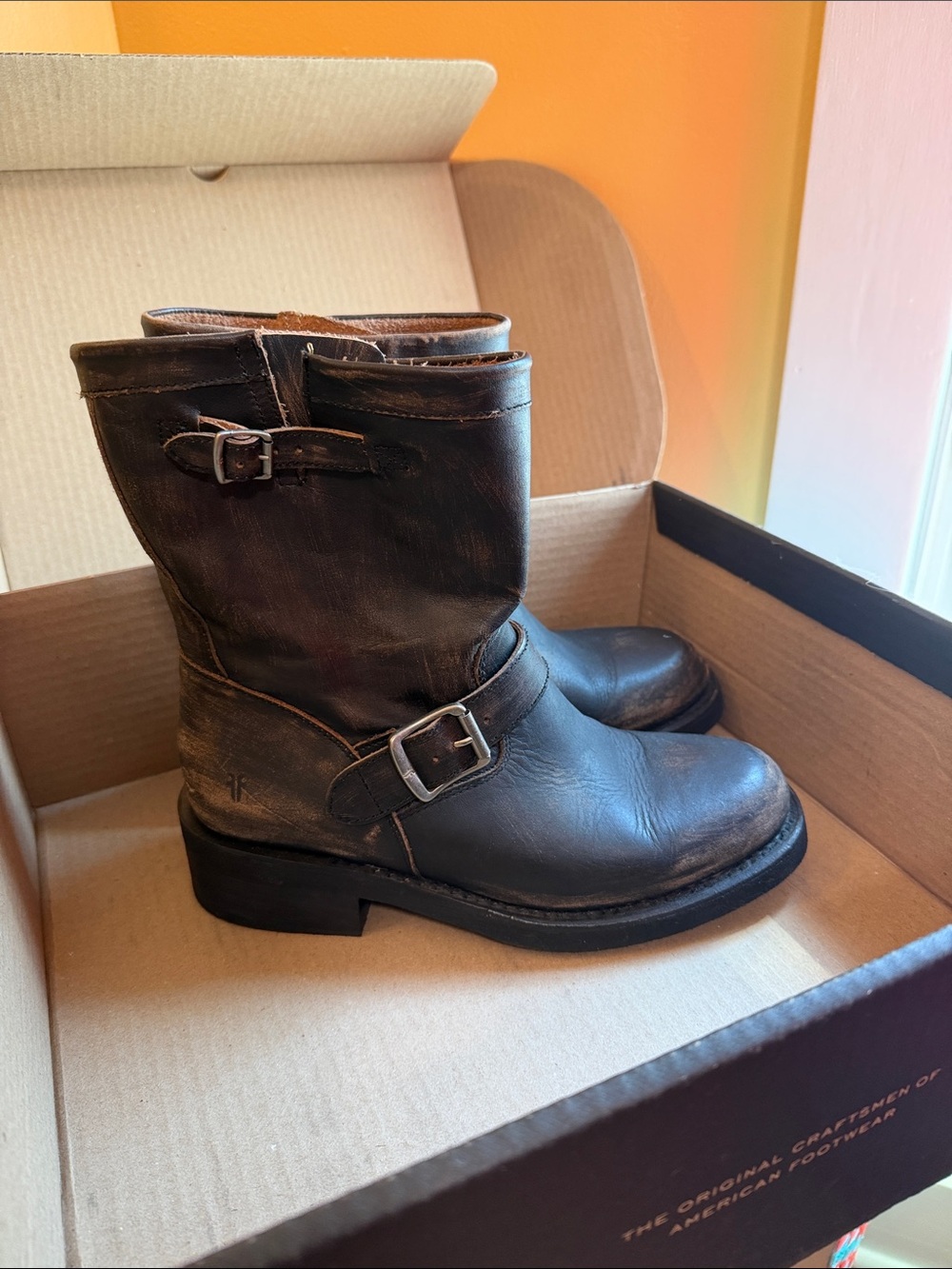Frye Dark Brown Leather Engineer Boots with Buckles